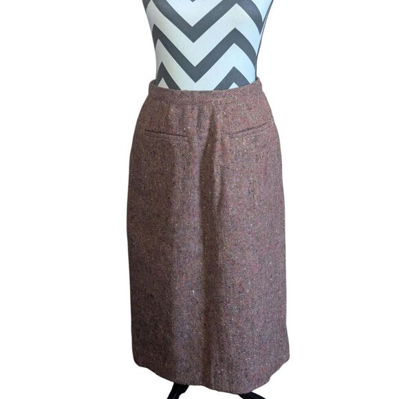 Vintage Perry Ellis Portfolio 100% Wool Tweed Pencil Skirt 12 Tan Speckled - Picture 2 of 6